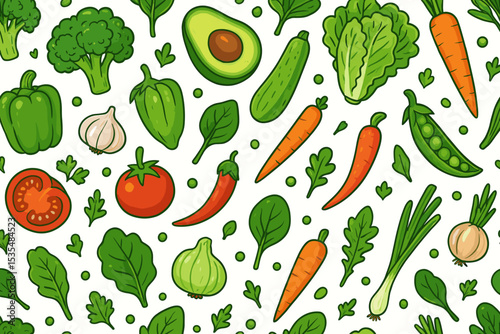 Vegetable seamless pattern in cartoon doodle style. Hand drawn vector background with healthy organic food. Fresh vegetables illustration with tomato, carrot, avocado, pepper, broccoli.