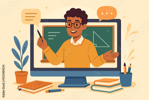 Online education and e-learning concept. Male teacher on computer screen teaching math lesson. Virtual classroom, distance learning, webinar for school or university. Vector illustration.