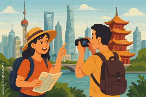 Happy tourist couple on vacation in Shanghai, China. Man with camera photographing modern cityscape, woman with map pointing. Sightseeing Asian landmarks, skyscrapers and pagoda.