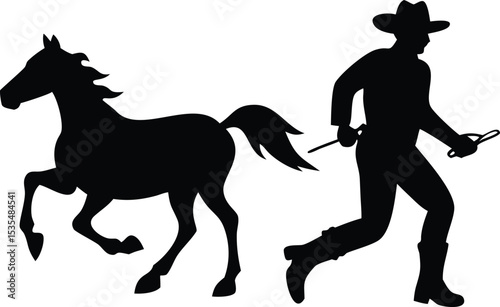Silhouette of a running horse and cowboy with lasso in western rodeo style