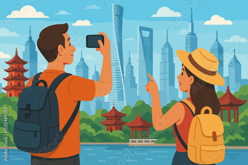 Tourist couple on vacation exploring modern Chinese city. Man with backpack takes photo of Shanghai skyline with smartphone. Woman points at skyscrapers and traditional pagodas. Travel Asia.