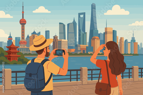 Couple of tourists exploring Shanghai, China. Man takes a photo of the Pudong skyline with his smartphone from the Bund. Travel and sightseeing concept with iconic landmarks.