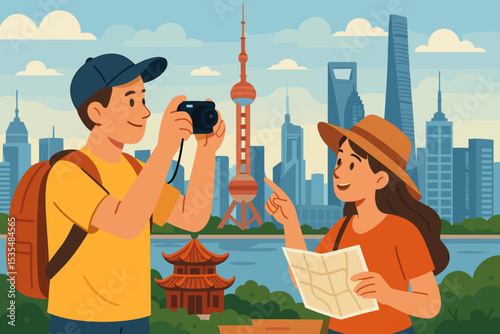 Couple of tourists exploring Shanghai, China. Man with camera taking photo of the city skyline with Oriental Pearl Tower. Woman with map navigating. Travel and vacation in Asia.