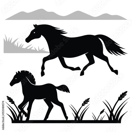 Silhouette of a running horse and foal with landscape elements isolated on white background