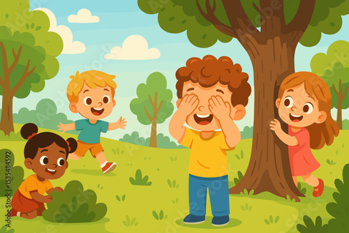 Group of happy multiethnic children playing hide and seek game in the park. Cute cartoon friends having fun together on a sunny summer day. Childhood friendship outdoor activity vector.