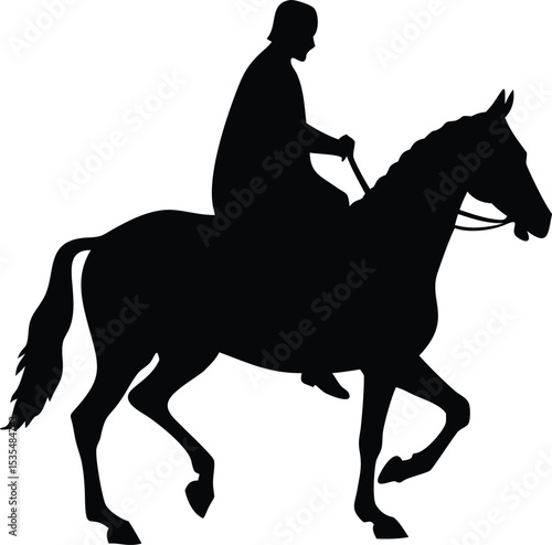 Silhouette of equestrian rider in formal dress astride a galloping horse on white background