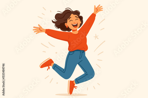 Joyful woman jumping in the air with excitement. Happy smiling girl celebrating victory. Concept of success, freedom, achievement, and positive energy. Flat cartoon vector design.