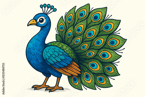 Cute cartoon peacock illustration in a vibrant hand-drawn style. Colorful exotic bird character with beautiful green and blue feathers, isolated on white background. Vector design.