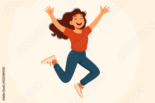 Happy woman jumping for joy. Cheerful young girl celebrating success and freedom with a big smile. Vector illustration of a character feeling excited and energetic. Positive emotion concept.