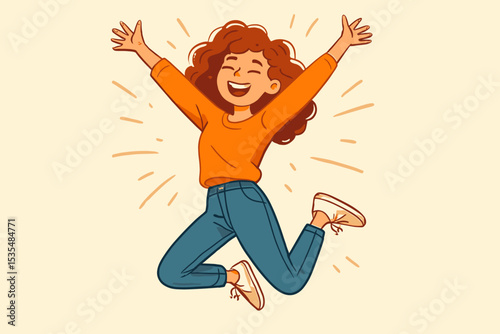 Happy girl jumping for joy. Cheerful young woman celebrating success and freedom. Excited female character with arms raised. Vector illustration concept of achievement, positive emotion.