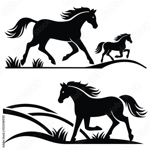 Silhouette of running horses family equestrian design in black and white with grass and hills