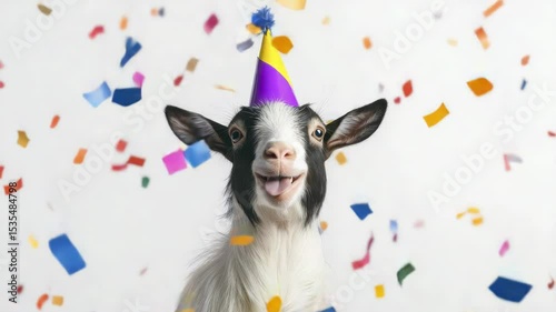 Goat Wearing Birthday Party Hat in Confetti Celebration