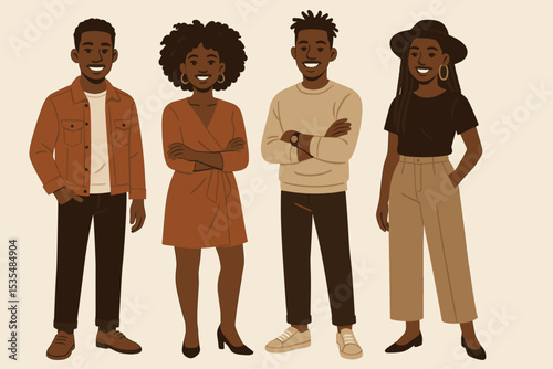 Group of stylish young Black African American people. Men and women standing together. Team of diverse friends or colleagues. Flat vector character illustration set for diversity.