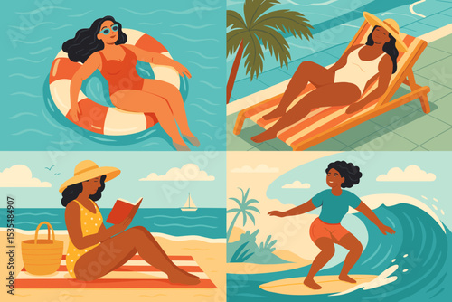Relaxing summer vacation concept with tropical beach paradise. Seaside holiday background for travel and tourism. Peaceful ocean view with palm trees for ultimate relaxation and leisure.