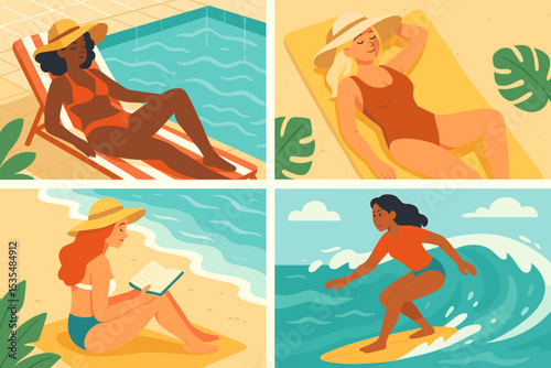 Relaxing summer vacation concept. Tropical paradise background with ocean and palm trees. Seaside holiday for travel and leisure lifestyle. Idyllic getaway for rest and recreation.