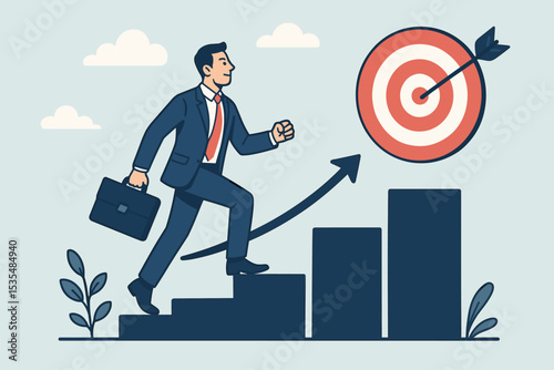 Businessman walking up stairs representing a growth chart to reach a target goal. Journey to success concept. Metaphor for career growth, ambition, achievement, and business development.
