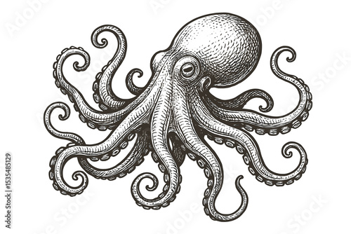 Vintage octopus engraving illustration. Hand drawn monochrome sketch of a sea monster. Nautical kraken with tentacles isolated on white background. Retro marine animal vector.