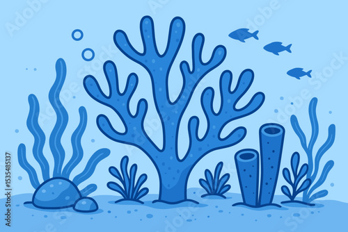 Blue coral reef vector illustration. Underwater world scene with cartoon fish and seaweed. Marine life on the ocean floor. Aquatic nature background in flat design style.