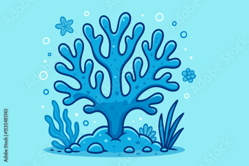 Blue coral cartoon illustration on the seabed. Underwater ocean scene with seaweed, starfish, and bubbles. Vector graphic of marine life for kids. Aquatic ecosystem concept.