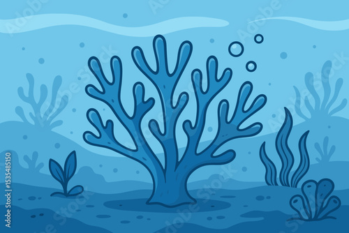 Underwater cartoon landscape with blue coral reef and sea plants. Vector illustration of the ocean floor. Marine life background with seaweed, algae and bubbles. Aquatic nature scene.
