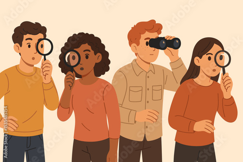 Group of diverse people searching with magnifying glass and binoculars. Concept of business research, investigation, discovery, teamwork, analysis, and talent acquisition. Vector