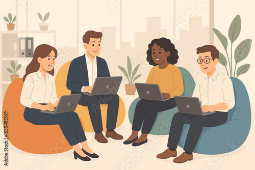 Business team collaboration. Diverse group of colleagues working together in a modern office. People with laptops on beanbags. Coworking space concept. Teamwork and communication in a startup.