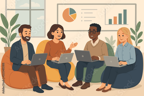 Modern office collaboration with a diverse team. Colleagues on beanbag chairs with laptops, brainstorming and discussing data charts. Business teamwork and startup concept.