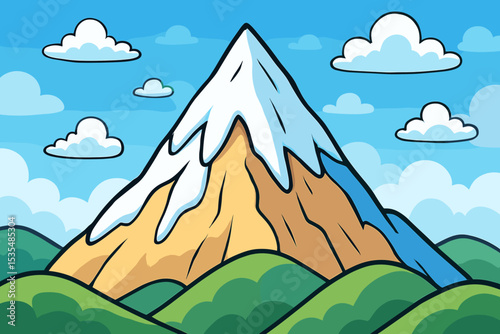 Cartoon mountain landscape with a snowy peak and green hills. Simple nature scenery illustration with blue sky and clouds. Vector graphic for kids, travel, or adventure concepts.