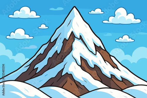Cartoon snowy mountain vector illustration. Winter landscape with snow capped peak on a blue sky with clouds. Nature scenery background for travel, hiking, or adventure concept.