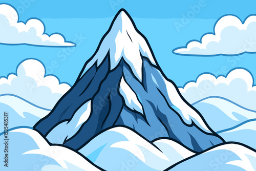 Cartoon mountain peak with snow cap vector illustration. Simple nature landscape with a snowy summit and clouds in a blue sky. Adventure, climbing, and winter concept background.