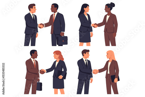 Business people handshake vector set. Diverse men and women in suits shaking hands. Corporate partnership, agreement, and deal concept. Professional team collaboration isolated.
