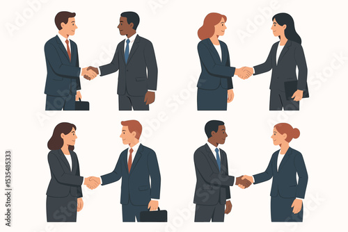 Business handshake illustration set. Diverse professional people making a deal. Man and woman in suits shaking hands. Partnership, agreement and collaboration vector concept.