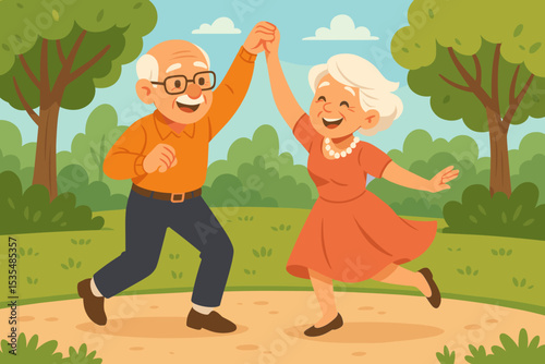 Happy elderly couple dancing in the park. Active senior man and woman enjoying a healthy retirement. Grandparents in love having fun outdoors. Healthy lifestyle and aging concept.