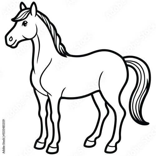 Vector illustration of a standing horse in black and white outline perfect for coloring books