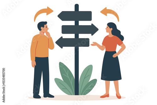Couple at crossroads choosing life path. Confused man and woman discuss future direction. Decision making concept with signpost, arrows. Career, strategy, options and opportunity.