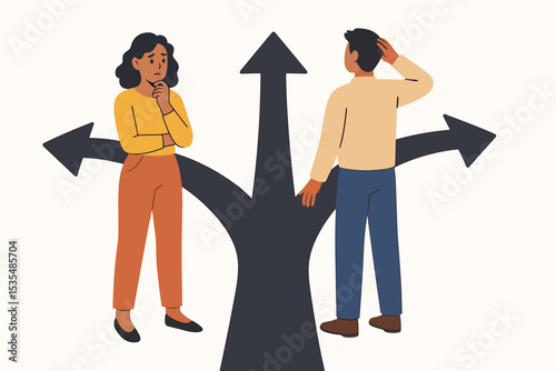 Pensive couple at a crossroads making a difficult decision. Man and woman choosing a life path and future direction. Concept of dilemma, uncertainty, opportunity, and strategy.