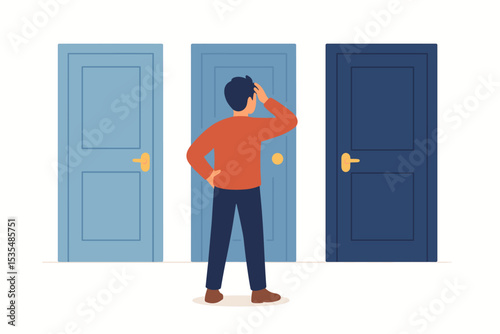 Man choosing the right path. Confused person stands before three doors making a difficult decision. Metaphor for choice, opportunity, dilemma, future career, and life strategy.