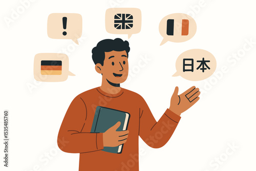 Multilingual man speaking foreign languages concept. Student learning English, German, French, Japanese. International communication, translation service, language school vector.
