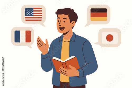 Multilingual man learning languages. Polyglot student speaking different foreign languages. International communication concept. Speech bubbles with flags of USA, Germany, France, Japan.