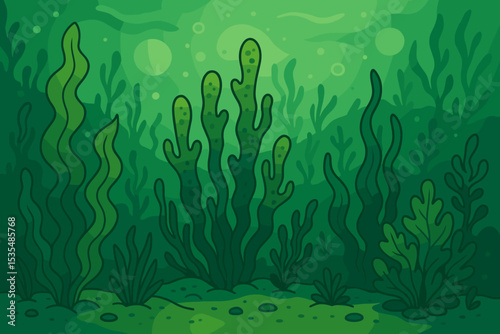 Underwater world background with cartoon seaweed and algae. Vector illustration of an ocean floor landscape with marine plants, kelp, and bubbles. Green aquatic nature scene.