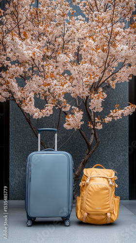 A gray suitcase and a yellow backpack set against a minimalist backdrop with cherry blossom trees, showcasing modern travel aesthetics