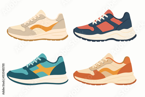 Vector set of four stylish sneakers. Modern fashion footwear collection for athletic training or casual lifestyle. Retro chunky running shoe isolated illustration. Side view sport shoes.