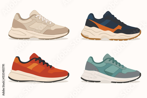 Collection of colorful stylish sneakers. Modern athletic footwear for lifestyle and sport. Set of trendy casual trainers with chunky sole. Vector illustration isolated on white.