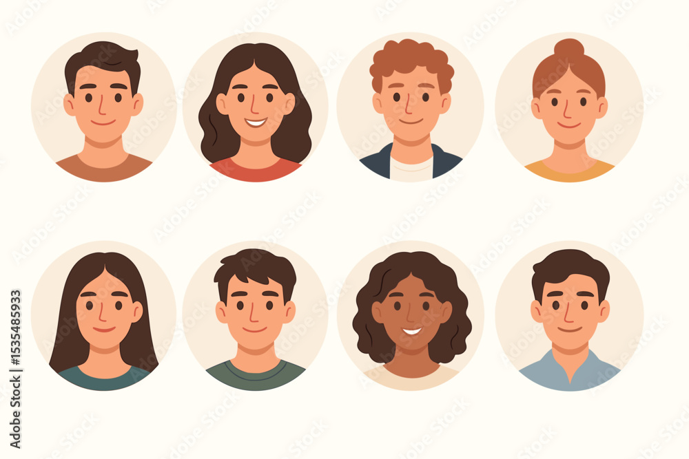 Obraz premium Diverse people avatars collection. Set of male and female profile picture icons. Modern flat cartoon vector illustration of user faces. Character headshots for social media or team.