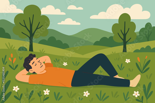 Young man relaxing on green grass in a summer meadow. Serene character resting outdoors. Concept of calm, mindfulness, wellbeing, and taking a break. Peaceful nature landscape.
