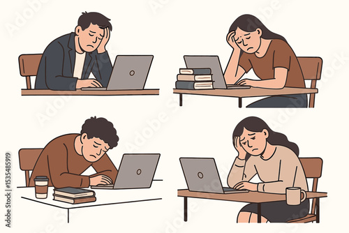 Exhausted office workers set. Burnout concept with tired man and woman feeling stress and fatigue from overwork. Sad employee with laptop. Mental health and depression concept.