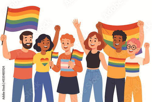 Happy diverse people at an LGBTQ pride parade. A group of friends celebrating equality and love. Community holding rainbow flags. Activists at a demonstration. Cartoon vector illustration.