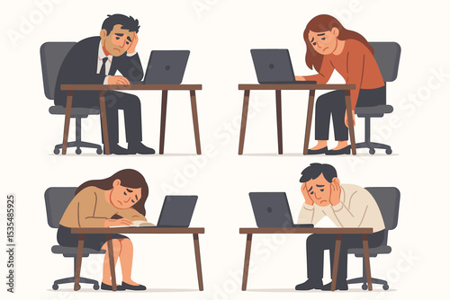 Exhausted office workers character set. Professional burnout, stress, and fatigue concept. Tired, overworked business people at desk with laptop. Mental health in the workplace.