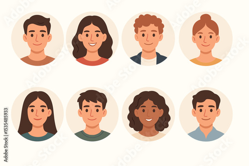 Diverse people avatars collection. Set of male and female profile picture icons. Modern flat cartoon vector illustration of user faces. Character headshots for social media or team.