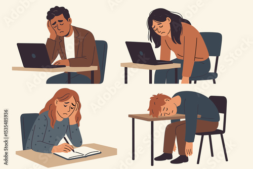 Collection of exhausted office workers and students. Professional burnout, stress, and fatigue. Tired, sleepy, sad characters sitting at desk with laptop. Mental health concept.
